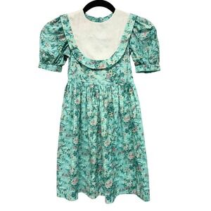 VTG Girls Prairie Modest Floral Dress White Bib Collar Puff Sleeve Size 5